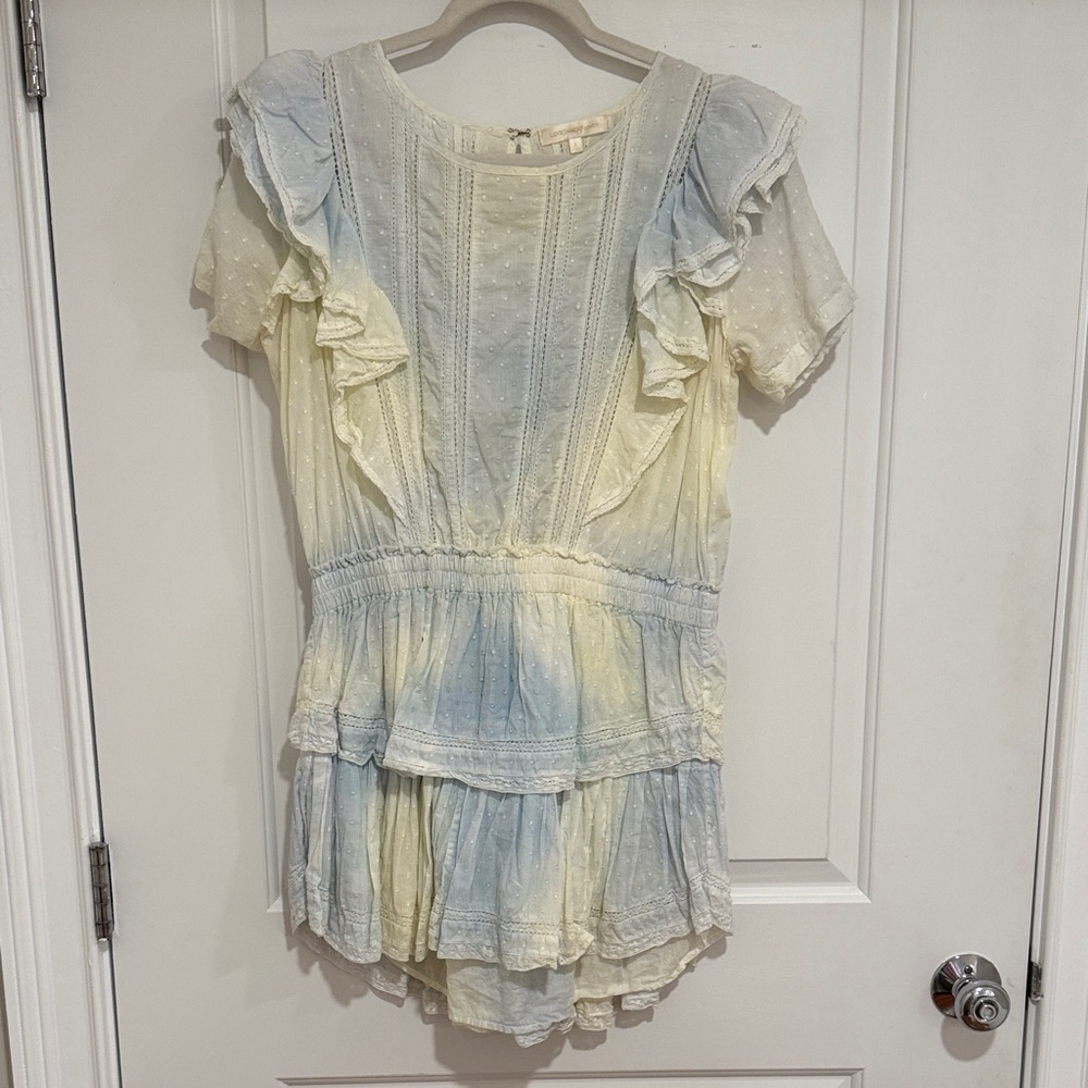 LoveShackFancy Blue and yellow Ruffled Mini Dress